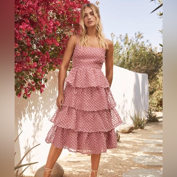 Lulus Dresses & Skirts - Lulu's Flirting with You Mauve Tiered Pom Pom Midi Dress size XS